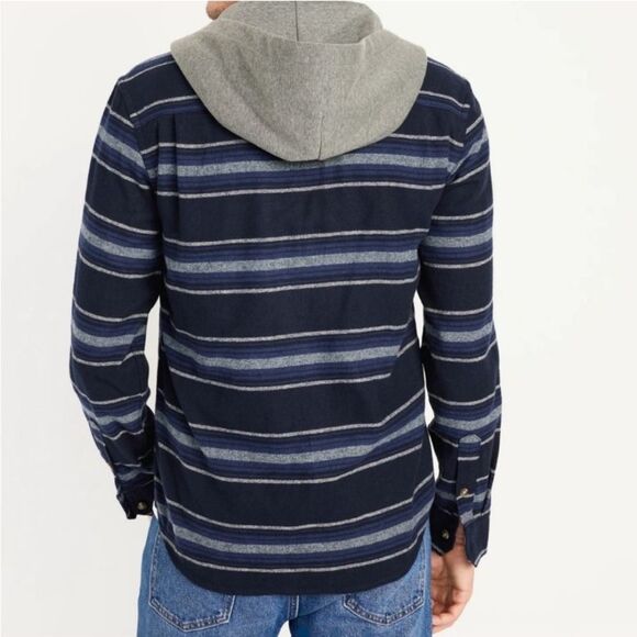Old Navy Blue/Gray Striped Fleece Hooded Button Down - Picture 3 of 3